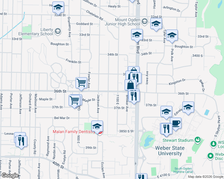 map of restaurants, bars, coffee shops, grocery stores, and more near 1066 36th Street in Ogden