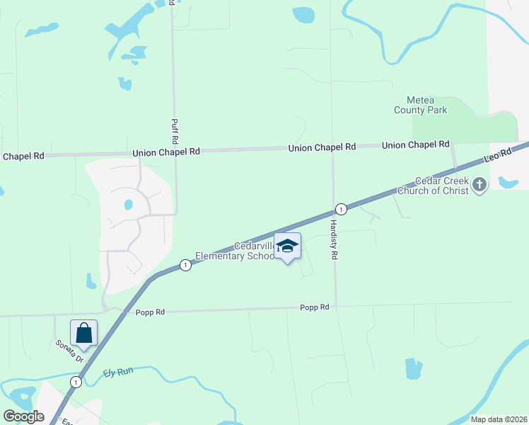 map of restaurants, bars, coffee shops, grocery stores, and more near 12223 Leo Road in Fort Wayne