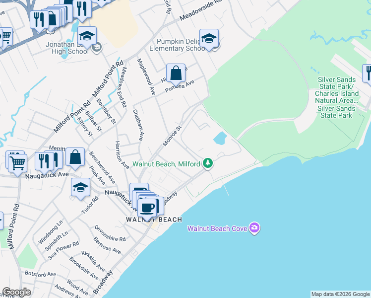 map of restaurants, bars, coffee shops, grocery stores, and more near 85 Viscount Drive in Milford
