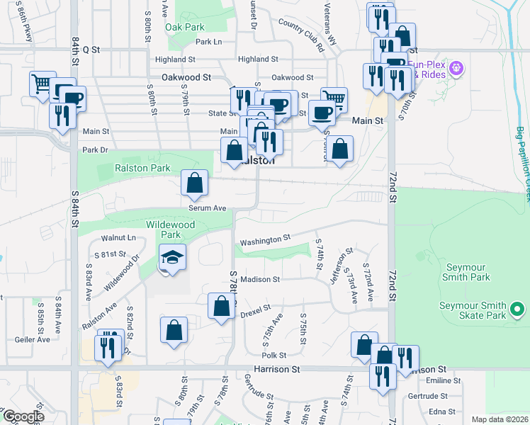 map of restaurants, bars, coffee shops, grocery stores, and more near 6115 South 77th Street in Ralston
