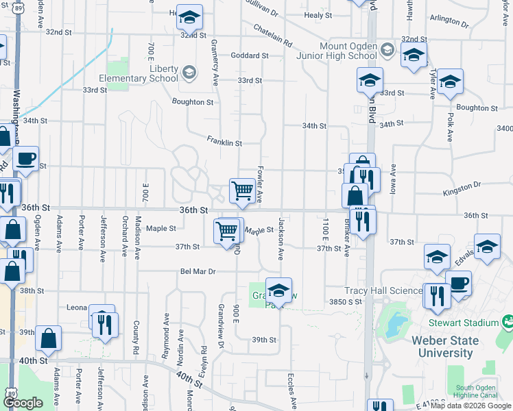 map of restaurants, bars, coffee shops, grocery stores, and more near 936 36th Street in Ogden