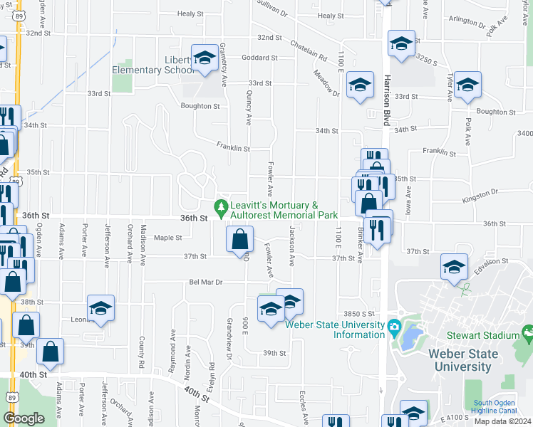 map of restaurants, bars, coffee shops, grocery stores, and more near 936 36th Street in Ogden