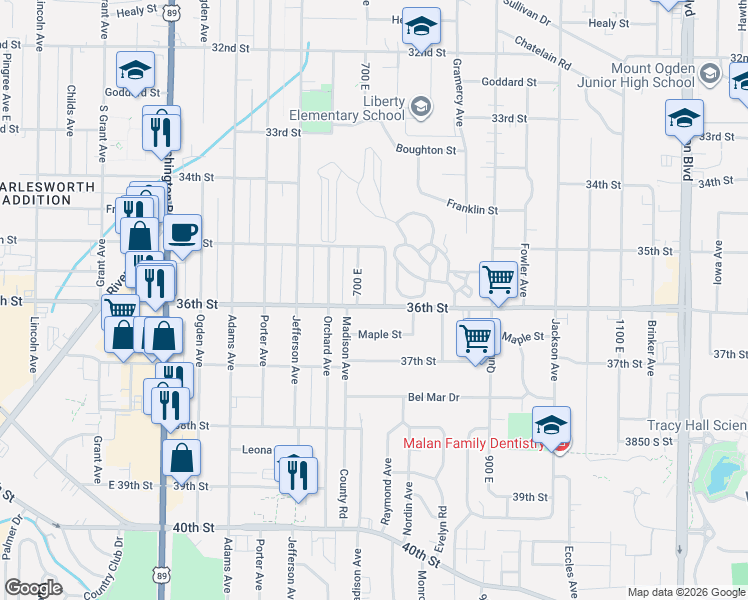 map of restaurants, bars, coffee shops, grocery stores, and more near 765 36th Street in Ogden