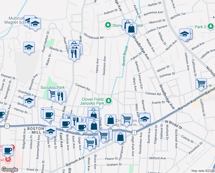 map of restaurants, bars, coffee shops, grocery stores, and more near 34 Swanson Avenue in Stratford