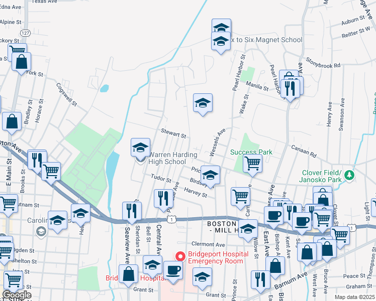 map of restaurants, bars, coffee shops, grocery stores, and more near 275 Palisade Avenue in Bridgeport