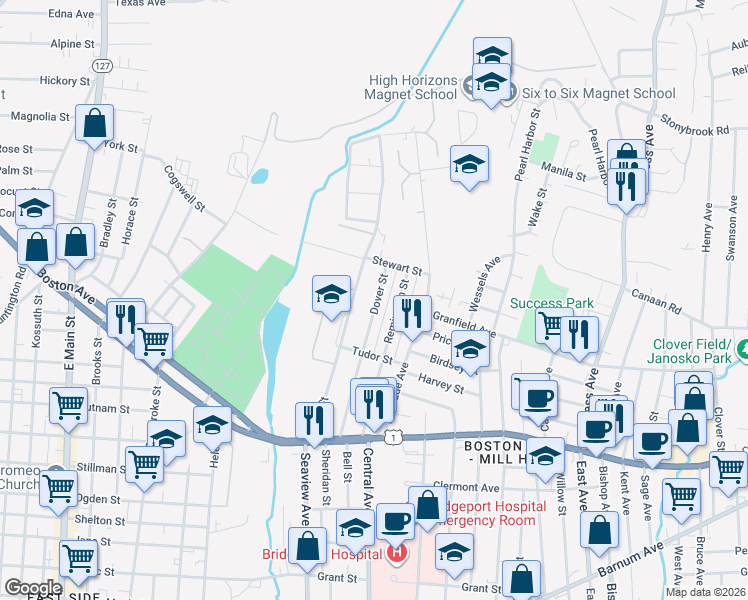 map of restaurants, bars, coffee shops, grocery stores, and more near 310 Dover Street in Bridgeport