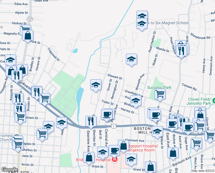 map of restaurants, bars, coffee shops, grocery stores, and more near 310 Dover Street in Bridgeport