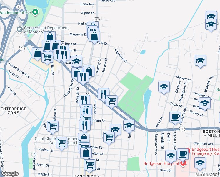 map of restaurants, bars, coffee shops, grocery stores, and more near 43 Asylum Street in Bridgeport