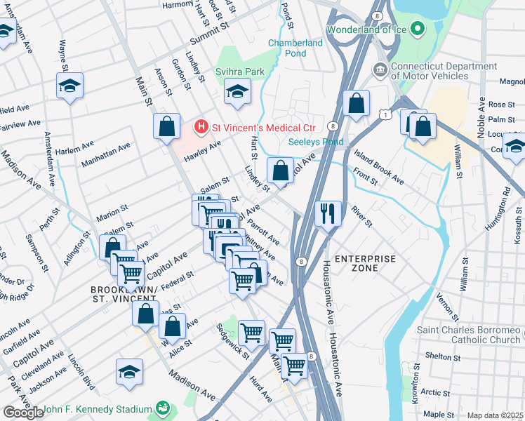 map of restaurants, bars, coffee shops, grocery stores, and more near 197 French Street in Bridgeport