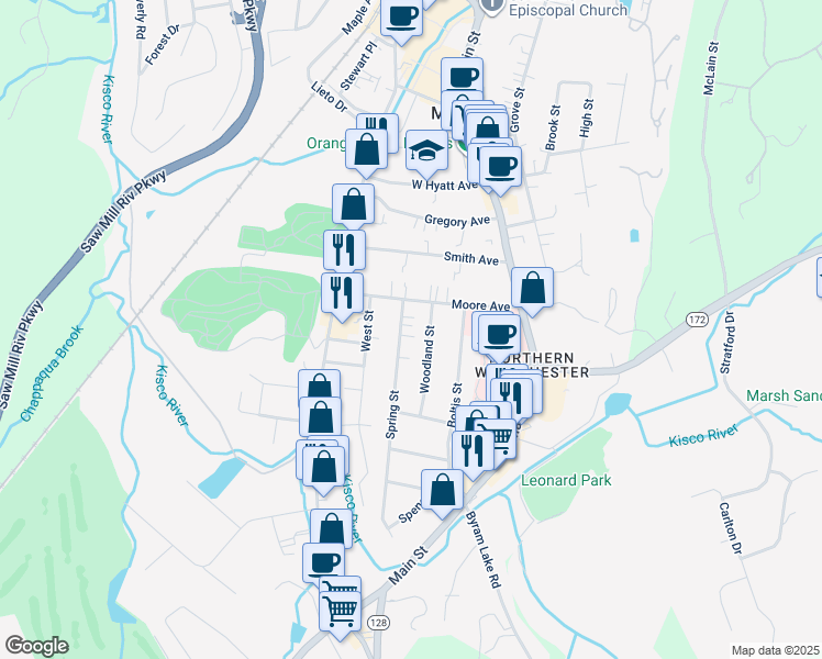 map of restaurants, bars, coffee shops, grocery stores, and more near 37 Spring Street in Mount Kisco