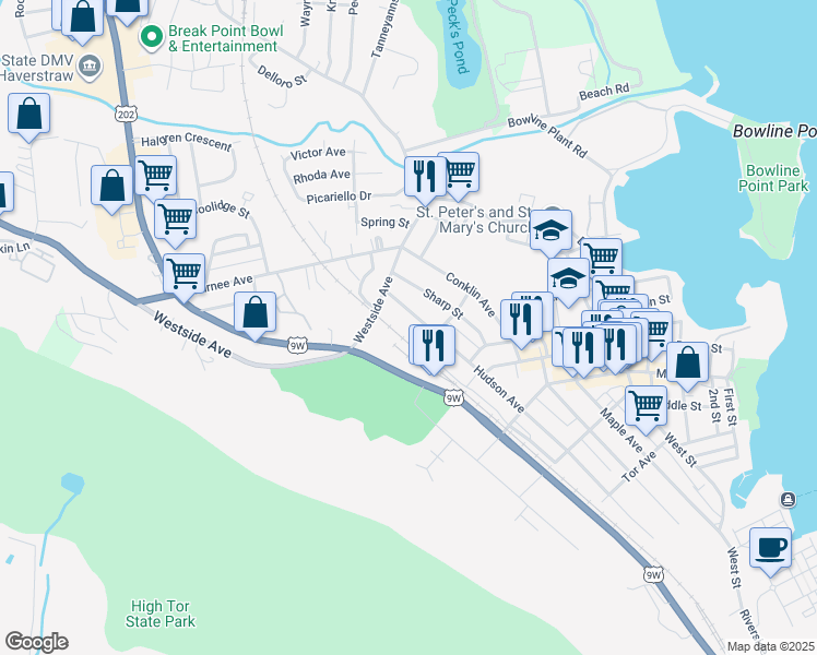 map of restaurants, bars, coffee shops, grocery stores, and more near 42 Leonard Street in Haverstraw