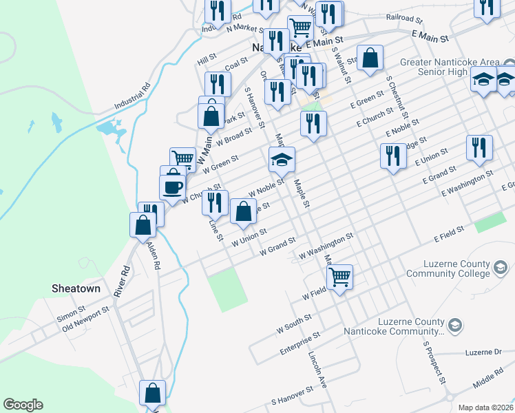 map of restaurants, bars, coffee shops, grocery stores, and more near 137 West Ridge Street in Nanticoke