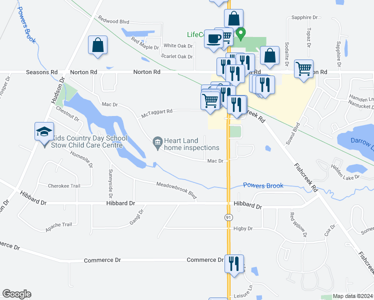 map of restaurants, bars, coffee shops, grocery stores, and more near 1503 Mac Drive in Stow
