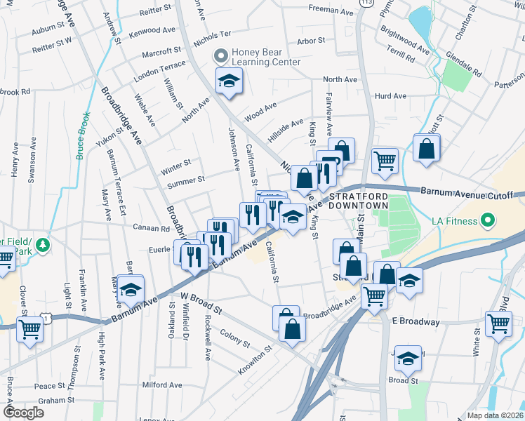map of restaurants, bars, coffee shops, grocery stores, and more near 211 Booth Street in Stratford