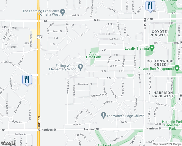 map of restaurants, bars, coffee shops, grocery stores, and more near 19809 X Street in Omaha