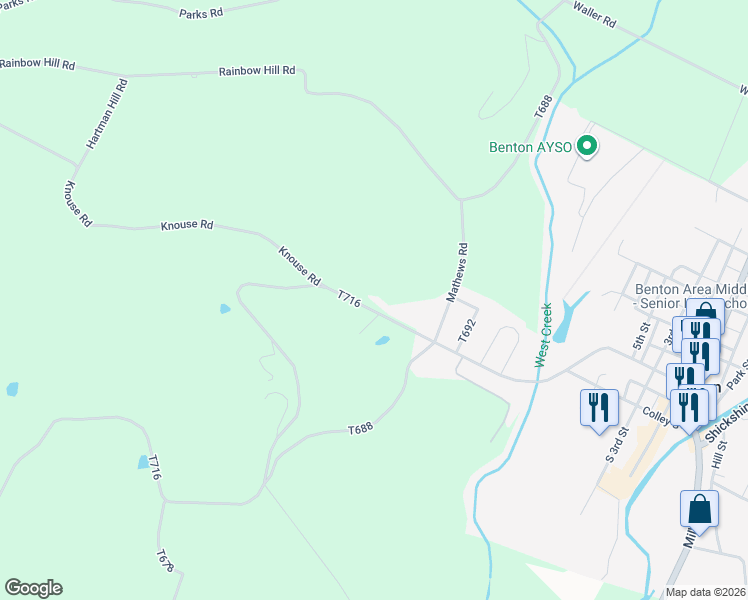 map of restaurants, bars, coffee shops, grocery stores, and more near 85 Distillery Hill Rd in Benton