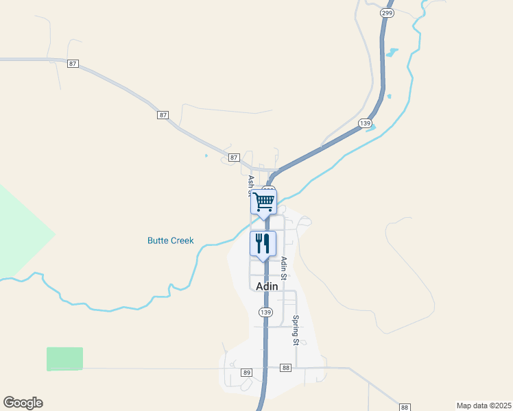map of restaurants, bars, coffee shops, grocery stores, and more near 103 Ash Street in Adin