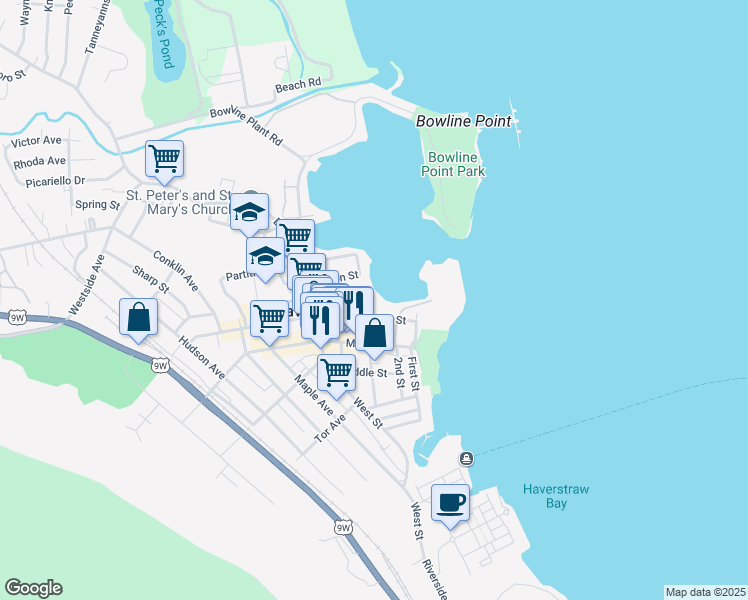 map of restaurants, bars, coffee shops, grocery stores, and more near 37 Broad Street in Haverstraw