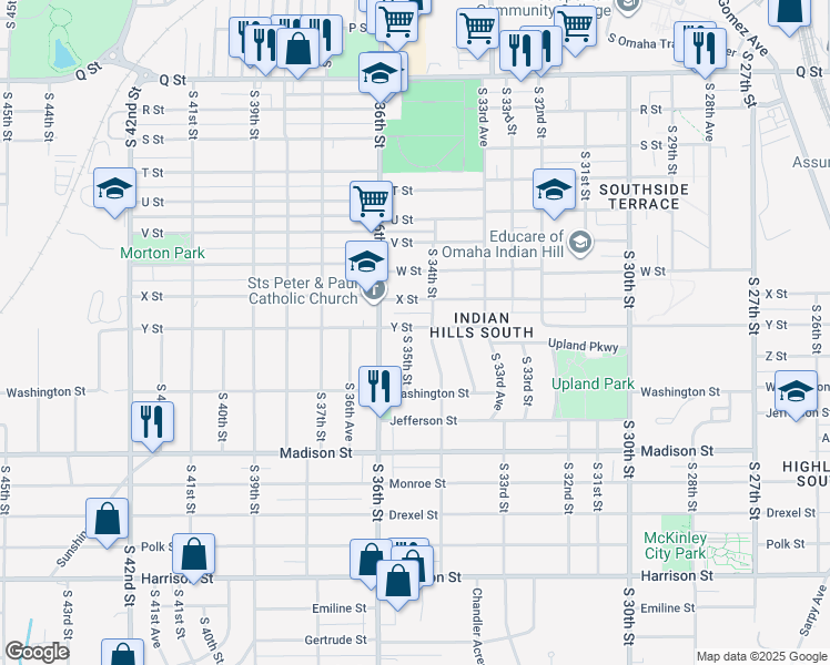 map of restaurants, bars, coffee shops, grocery stores, and more near 6014 South 34th Avenue in Omaha