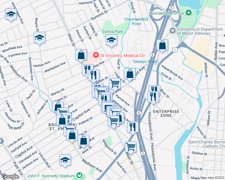 map of restaurants, bars, coffee shops, grocery stores, and more near 269 Parrott Avenue in Bridgeport