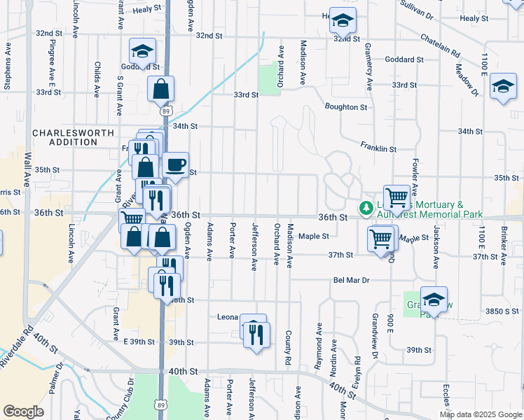 map of restaurants, bars, coffee shops, grocery stores, and more near 638 36th Street in Ogden