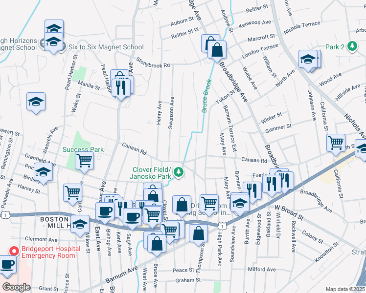 map of restaurants, bars, coffee shops, grocery stores, and more near 350 Canaan Road in Stratford