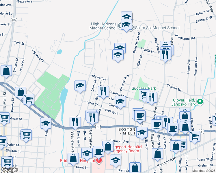 map of restaurants, bars, coffee shops, grocery stores, and more near 275 Palisade Avenue in Bridgeport
