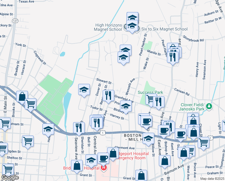 map of restaurants, bars, coffee shops, grocery stores, and more near 275 Palisade Avenue in Bridgeport