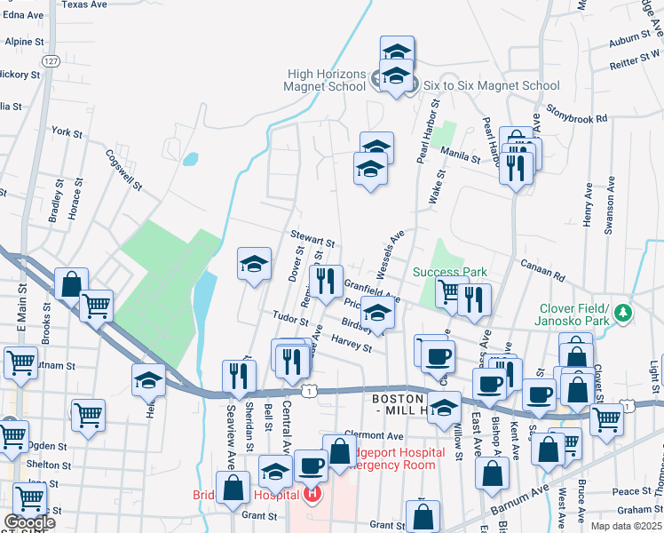 map of restaurants, bars, coffee shops, grocery stores, and more near 275 Palisade Avenue in Bridgeport