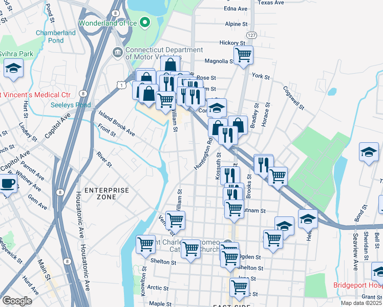 map of restaurants, bars, coffee shops, grocery stores, and more near 1154 Noble Avenue in Bridgeport