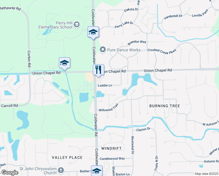 map of restaurants, bars, coffee shops, grocery stores, and more near 801 Seamist Point in Fort Wayne