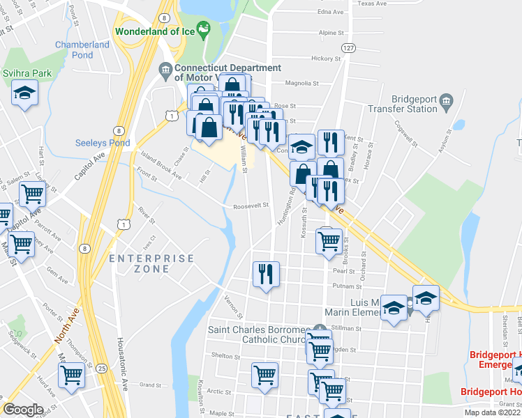 map of restaurants, bars, coffee shops, grocery stores, and more near 116 Roosevelt Street in Bridgeport