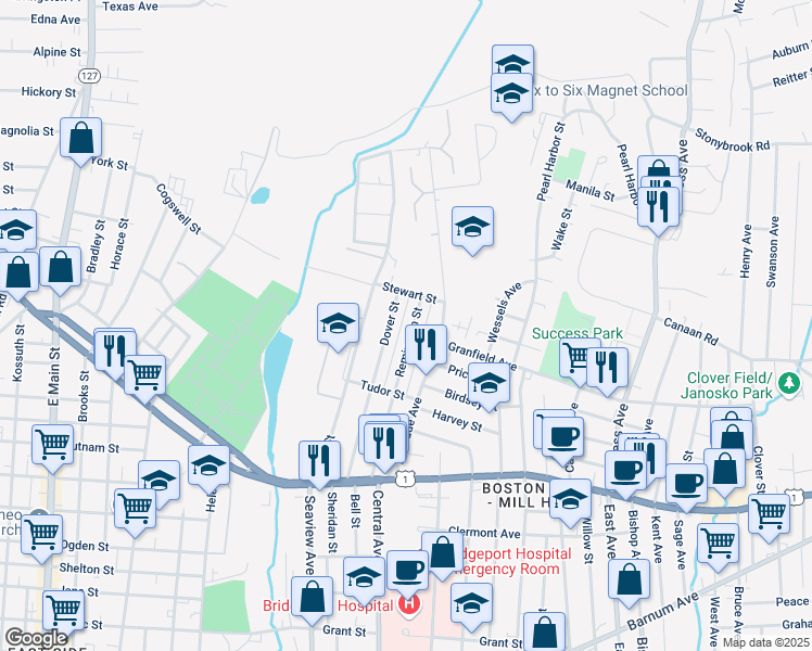 map of restaurants, bars, coffee shops, grocery stores, and more near 310 Dover Street in Bridgeport