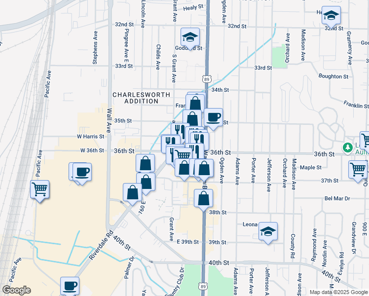map of restaurants, bars, coffee shops, grocery stores, and more near 321 36th Street in Ogden