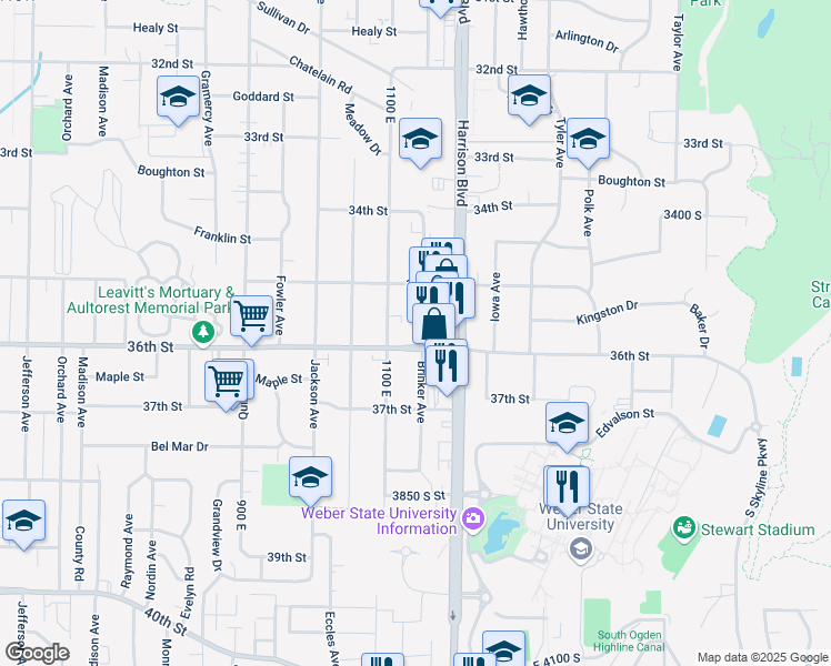 map of restaurants, bars, coffee shops, grocery stores, and more near 1125 36th Street in Ogden
