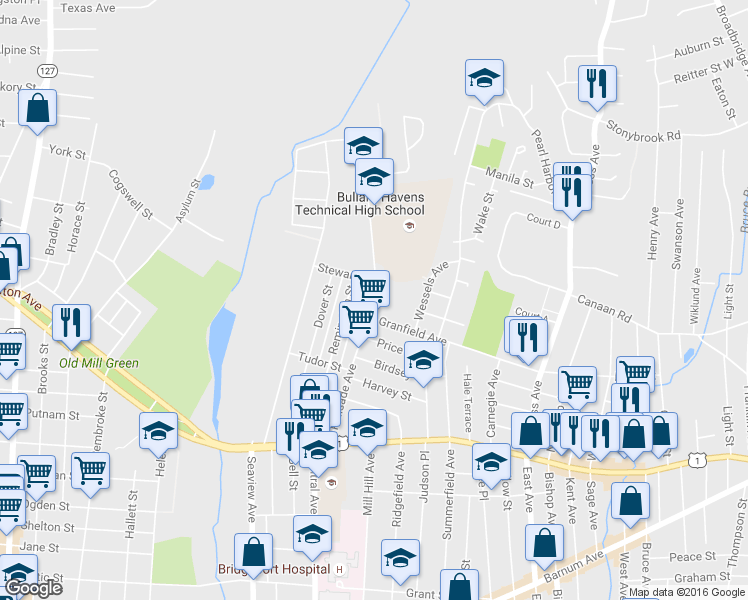 map of restaurants, bars, coffee shops, grocery stores, and more near 275 Palisade Avenue in Bridgeport