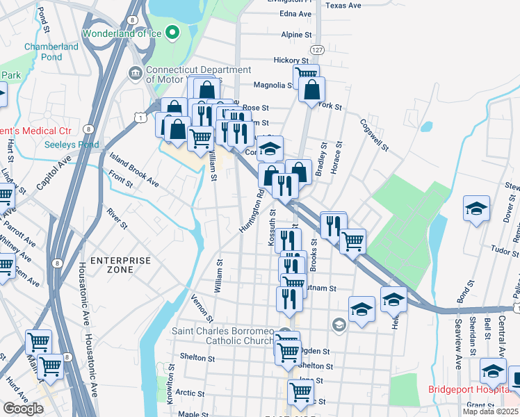 map of restaurants, bars, coffee shops, grocery stores, and more near 1395 Kossuth Street in Bridgeport