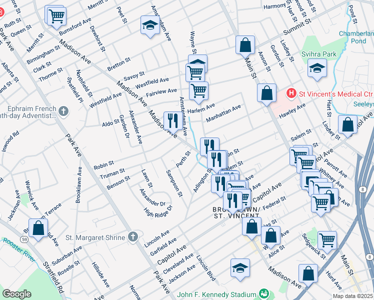 map of restaurants, bars, coffee shops, grocery stores, and more near 68 Perth Street in Bridgeport