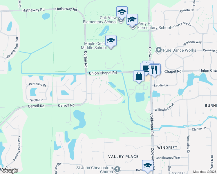 map of restaurants, bars, coffee shops, grocery stores, and more near 328-336 Cantera Pass in Fort Wayne