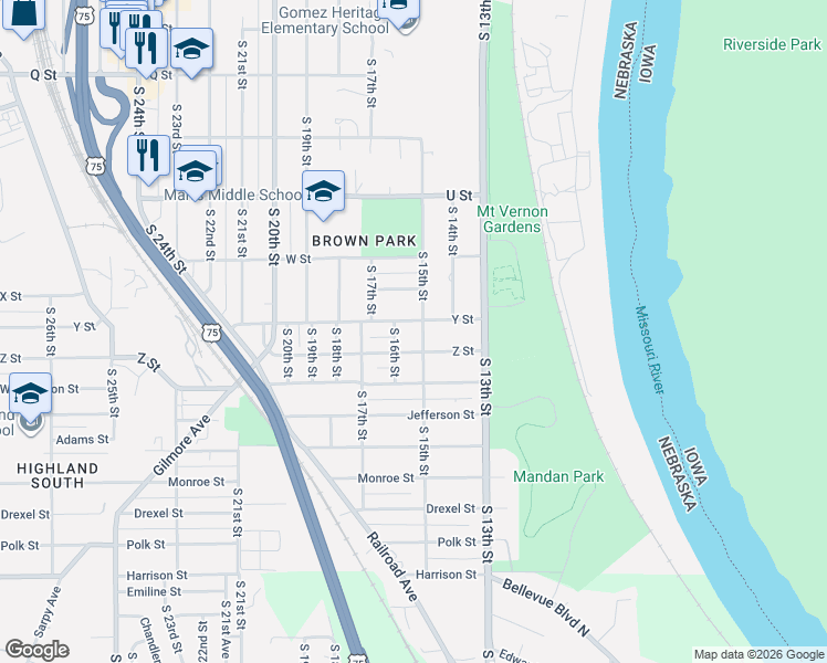map of restaurants, bars, coffee shops, grocery stores, and more near 1518 Z Street in Omaha