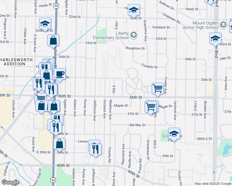 map of restaurants, bars, coffee shops, grocery stores, and more near 3572 South Madison Avenue in Ogden