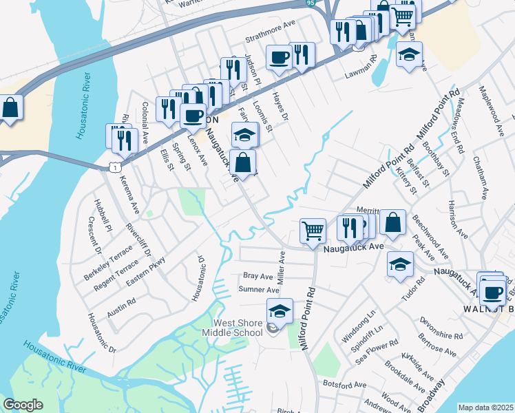 map of restaurants, bars, coffee shops, grocery stores, and more near 429 Naugatuck Avenue in Milford