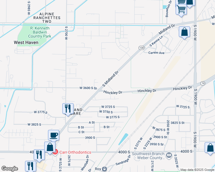 map of restaurants, bars, coffee shops, grocery stores, and more near 3594 Midland Drive in West Haven
