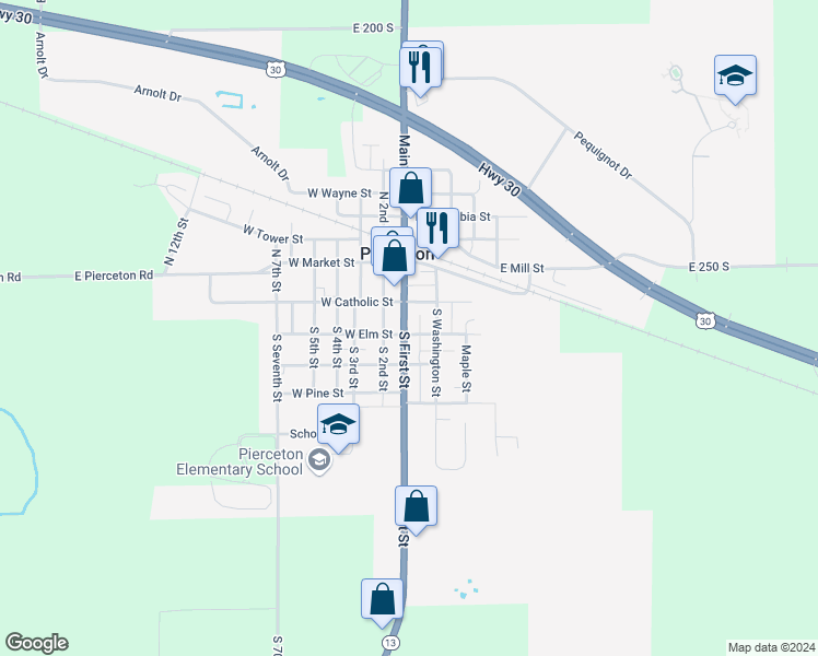 map of restaurants, bars, coffee shops, grocery stores, and more near 111 South 1st Street in Pierceton