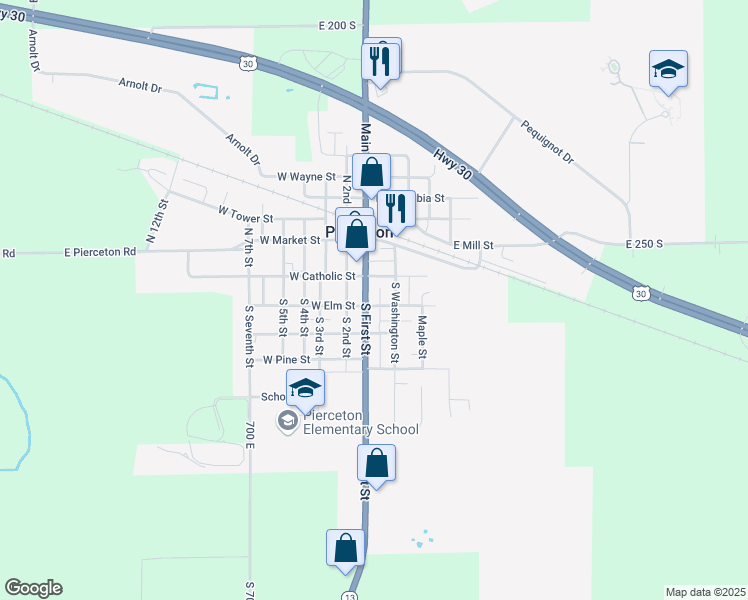 map of restaurants, bars, coffee shops, grocery stores, and more near 111 South 1st Street in Pierceton