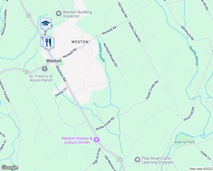 map of restaurants, bars, coffee shops, grocery stores, and more near 25 Hidden Meadow Road in Weston