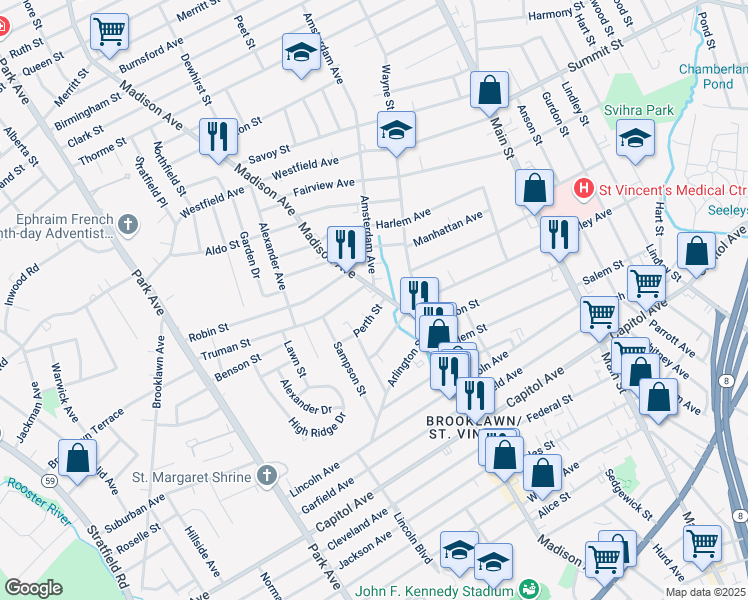 map of restaurants, bars, coffee shops, grocery stores, and more near 68 Perth Street in Bridgeport