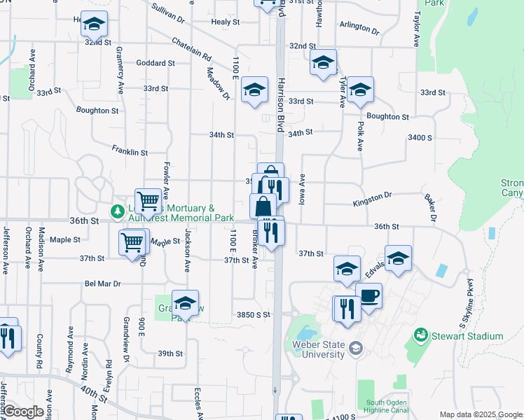 map of restaurants, bars, coffee shops, grocery stores, and more near 1155 36th St in Ogden