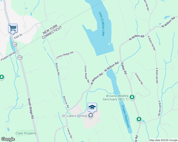 map of restaurants, bars, coffee shops, grocery stores, and more near 215 Cross Ridge Road in New Canaan
