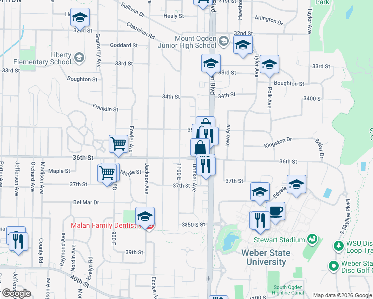 map of restaurants, bars, coffee shops, grocery stores, and more near 1125 36th Street in Ogden